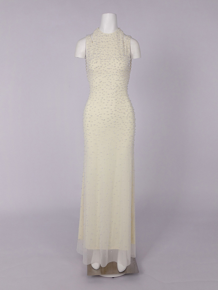 TWOTWINSTYLE Sleeveless Pearl-Embellished Patchwork Mesh Elegant Dress