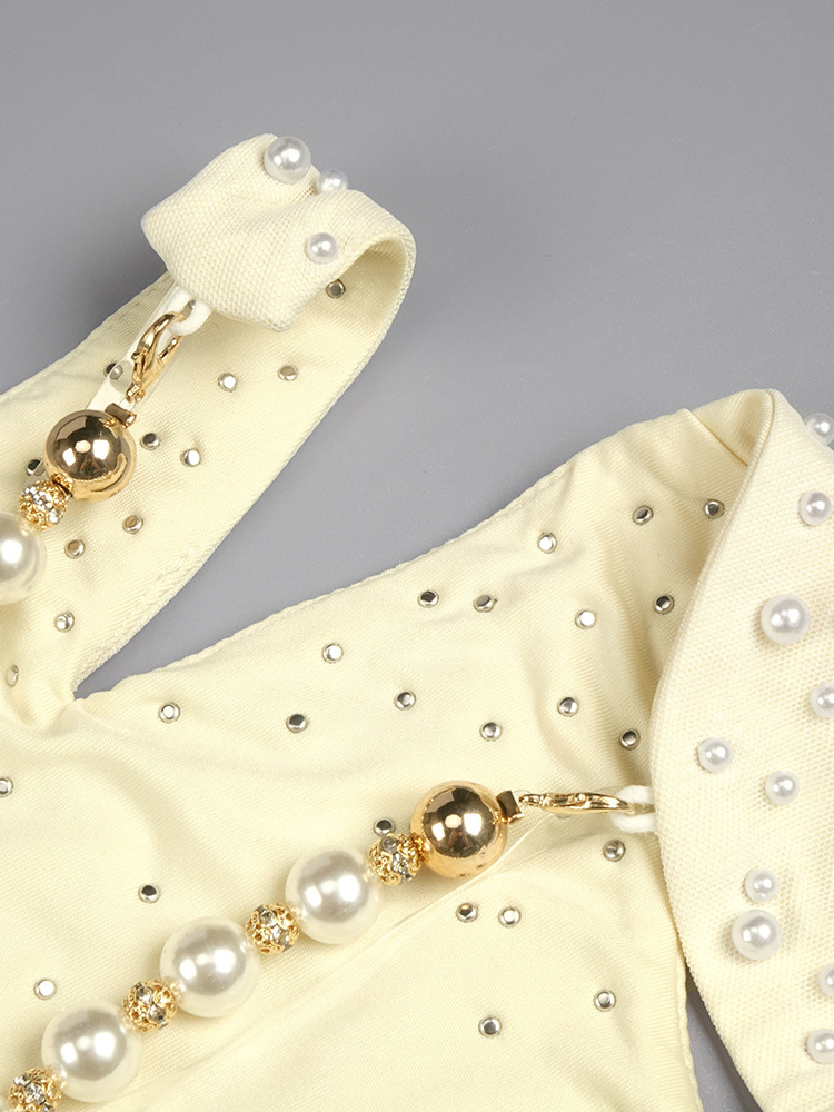 TWOTWINSTYLE Sleeveless Pearl-Embellished Patchwork Mesh Elegant Dress