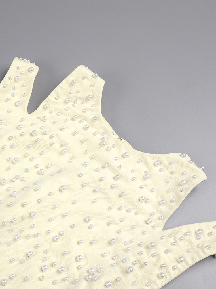 TWOTWINSTYLE Sleeveless Pearl-Embellished Patchwork Mesh Elegant Dress
