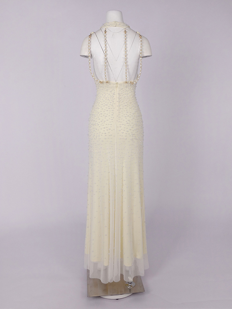 TWOTWINSTYLE Sleeveless Pearl-Embellished Patchwork Mesh Elegant Dress