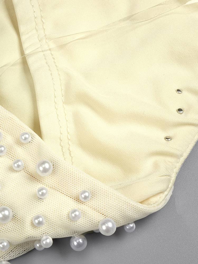 TWOTWINSTYLE Sleeveless Pearl-Embellished Patchwork Mesh Elegant Dress