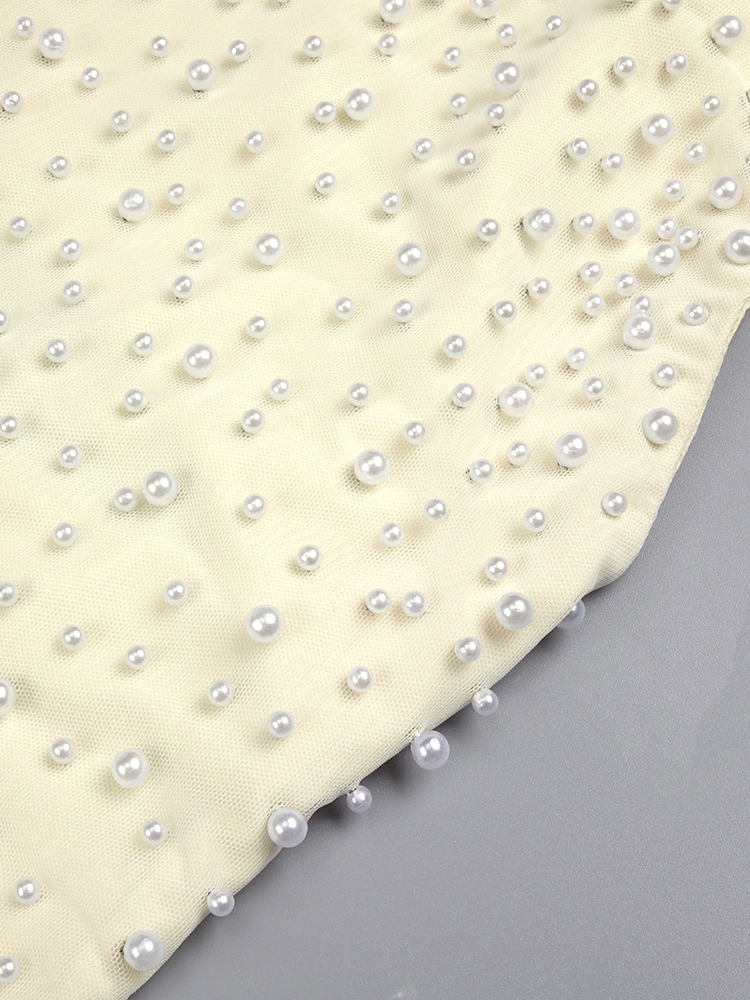 TWOTWINSTYLE Sleeveless Pearl-Embellished Patchwork Mesh Elegant Dress