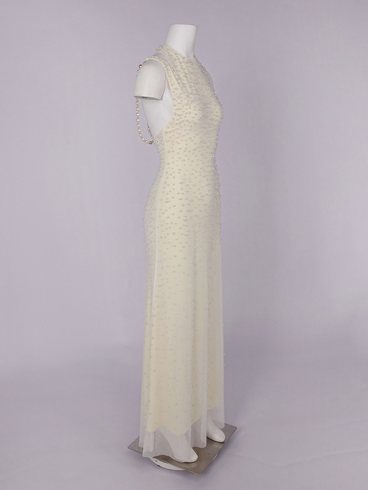 TWOTWINSTYLE Sleeveless Pearl-Embellished Patchwork Mesh Elegant Dress