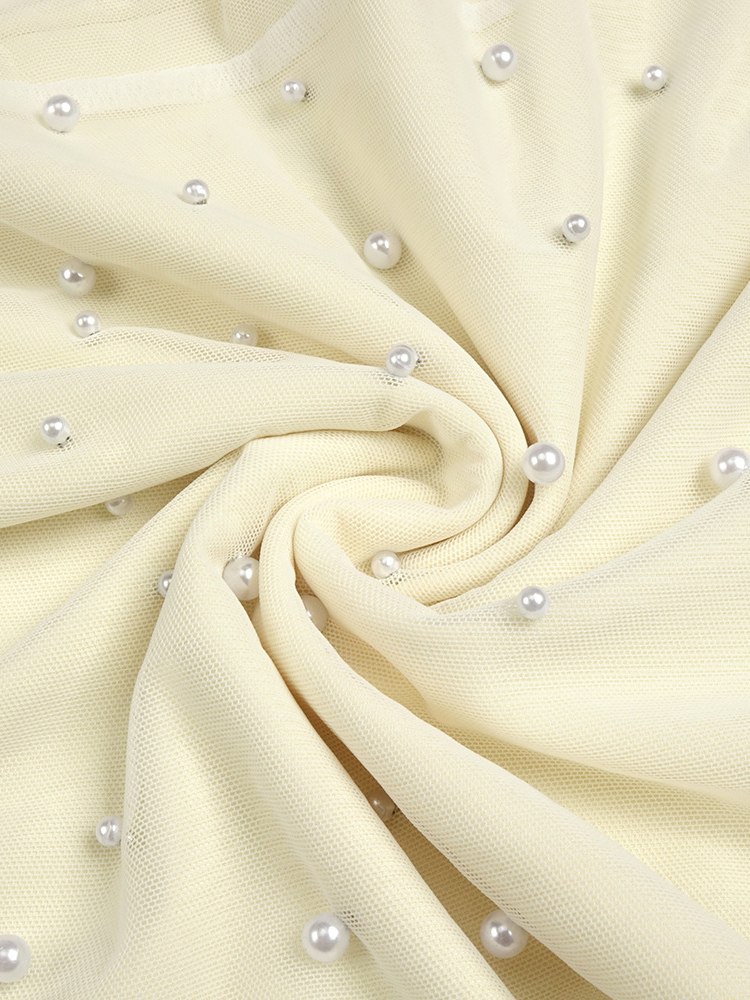 TWOTWINSTYLE Sleeveless Pearl-Embellished Patchwork Mesh Elegant Dress