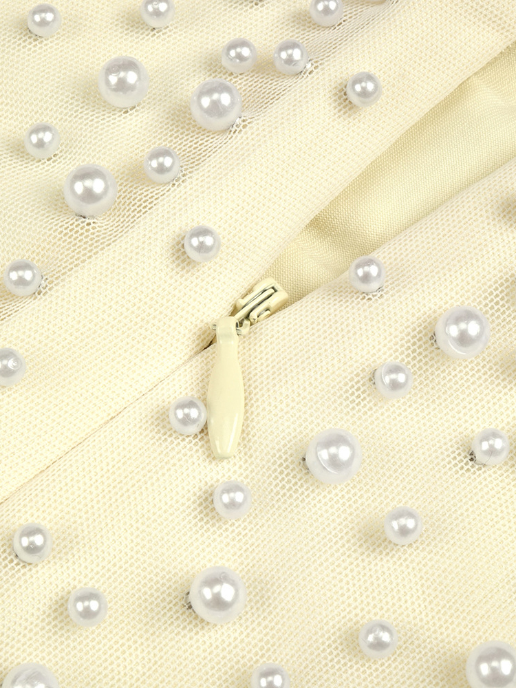 TWOTWINSTYLE Sleeveless Pearl-Embellished Patchwork Mesh Elegant Dress