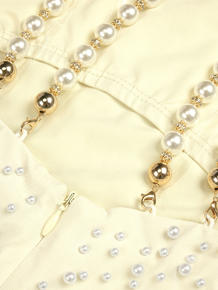 TWOTWINSTYLE Sleeveless Pearl-Embellished Patchwork Mesh Elegant Dress