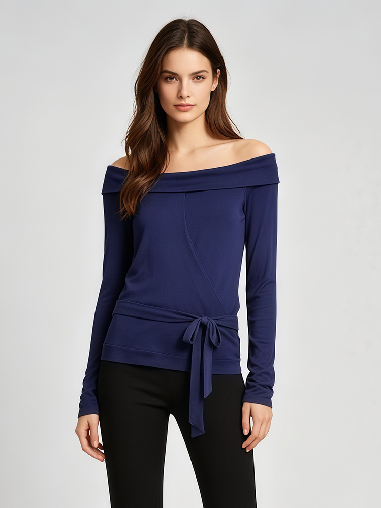 TWOTWINSTYLE Solid Off Shoulder Long Sleeves Spliced Lace Up Top