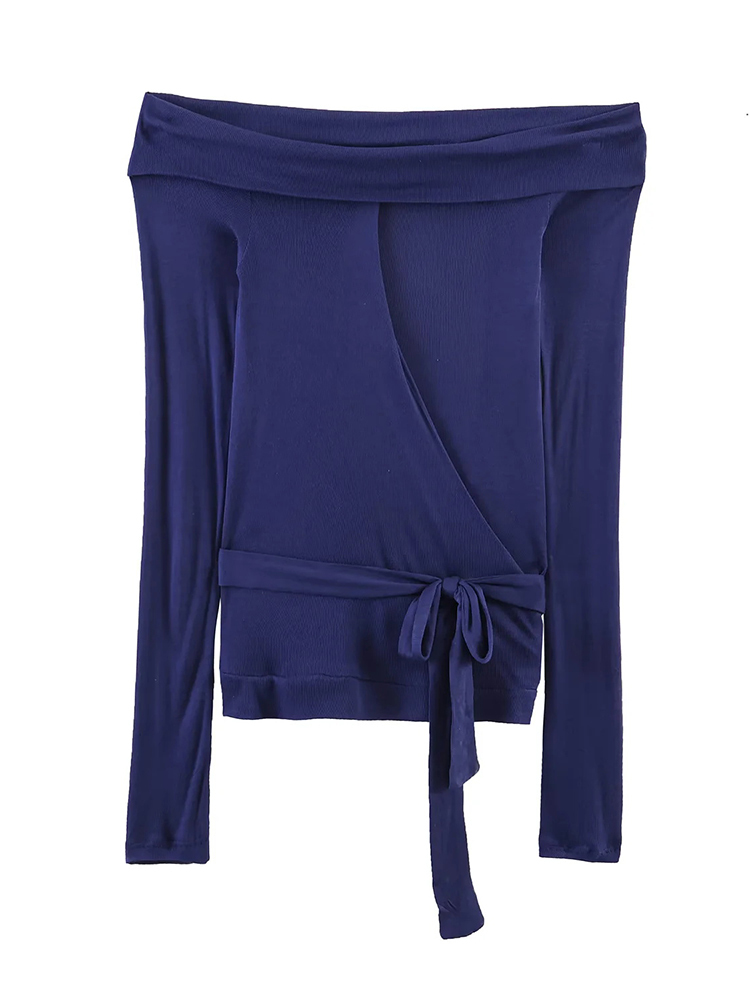 TWOTWINSTYLE Solid Off Shoulder Long Sleeves Spliced Lace Up Top