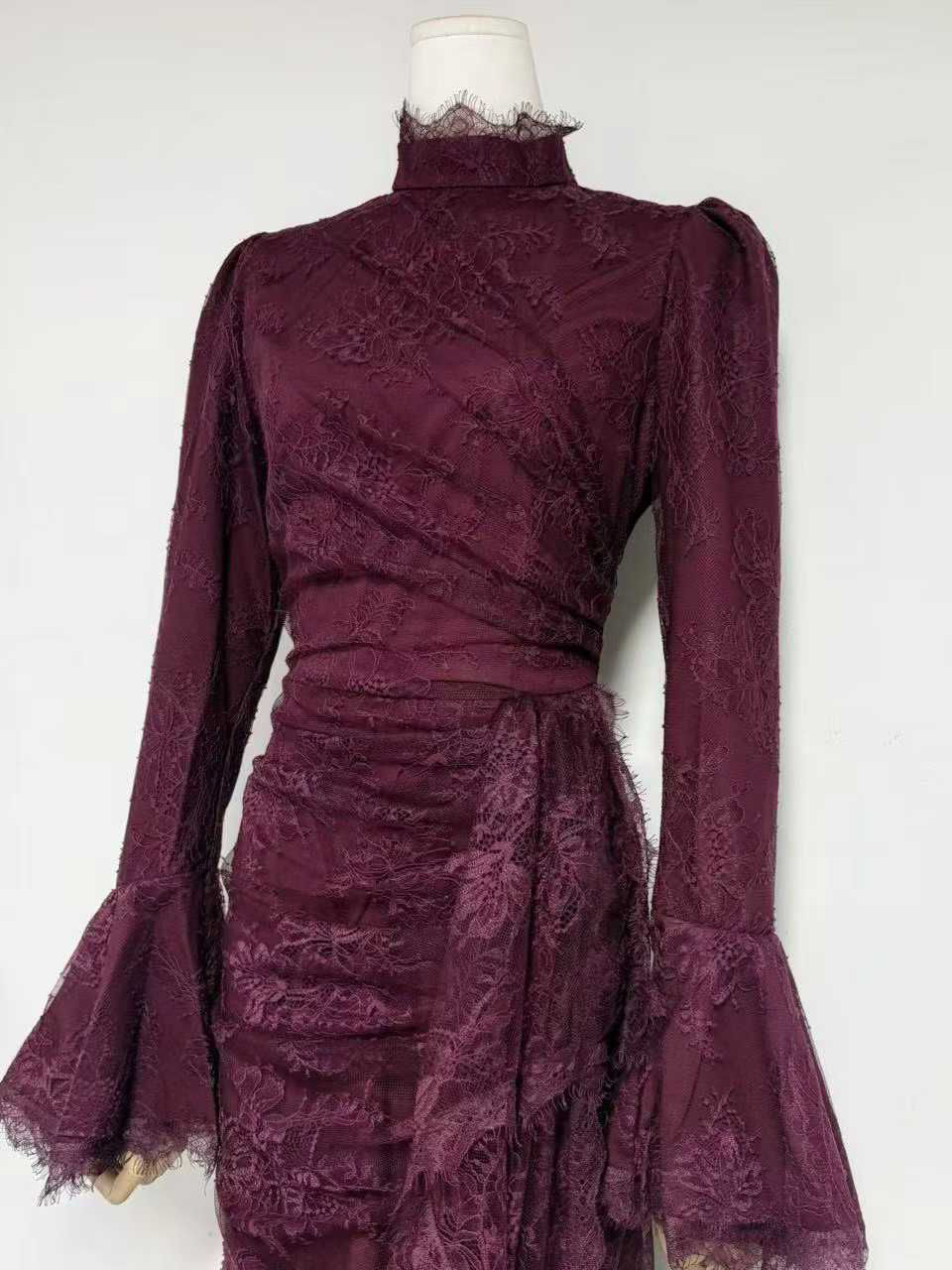 TWOTWINSTYLE Stand Collar Bell Sleeve Tunic Mesh Vintage Dress