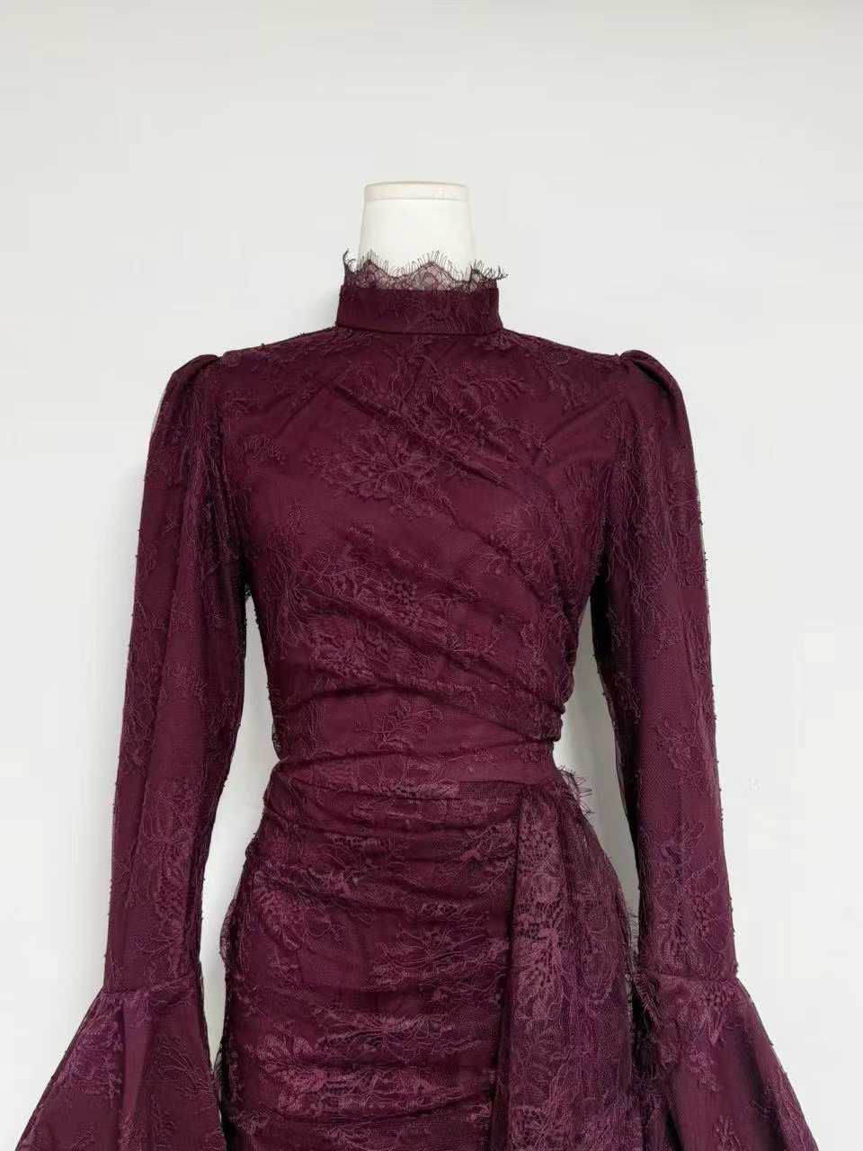TWOTWINSTYLE Stand Collar Bell Sleeve Tunic Mesh Vintage Dress
