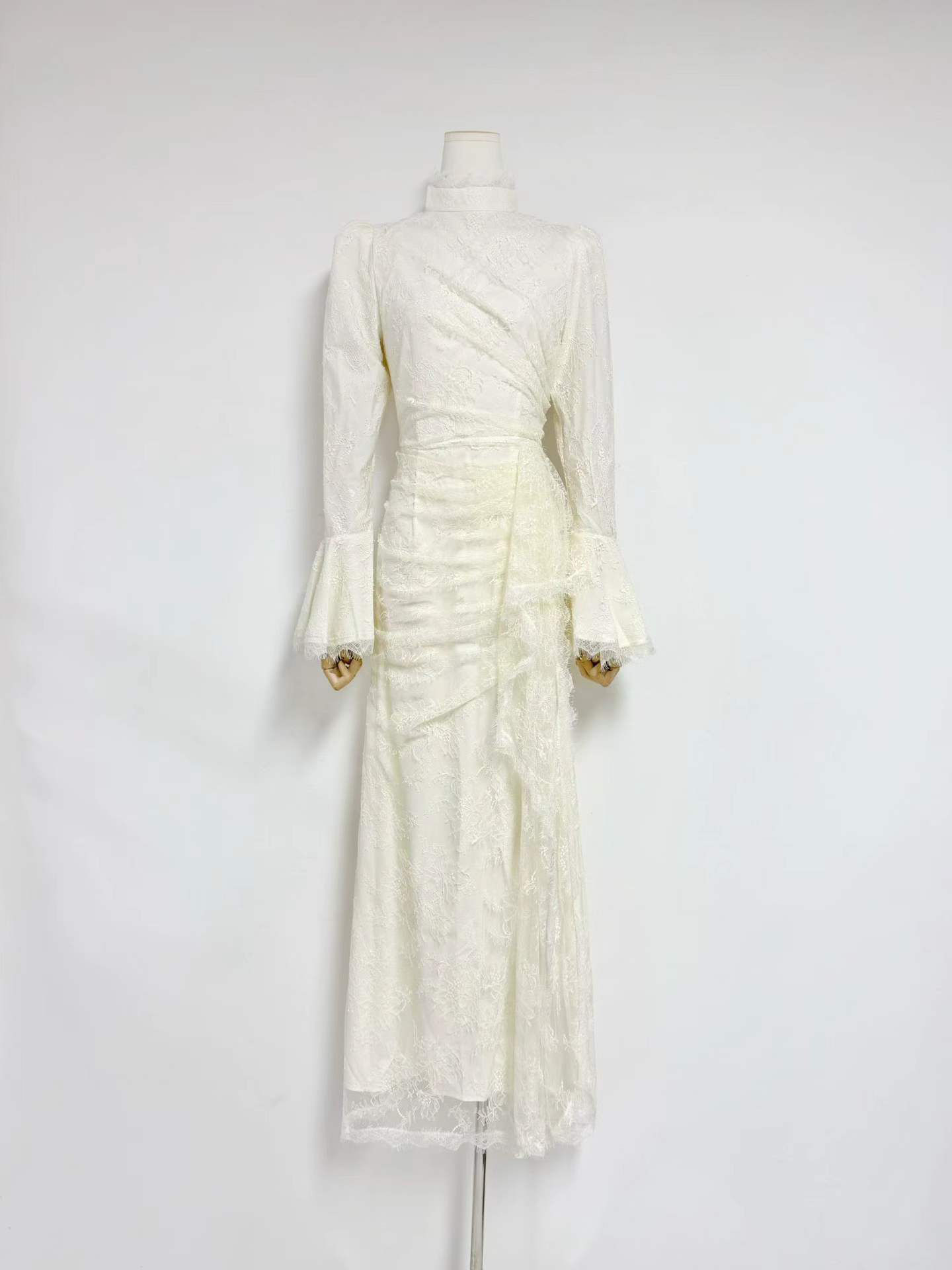TWOTWINSTYLE Stand Collar Bell Sleeve Tunic Mesh Vintage Dress