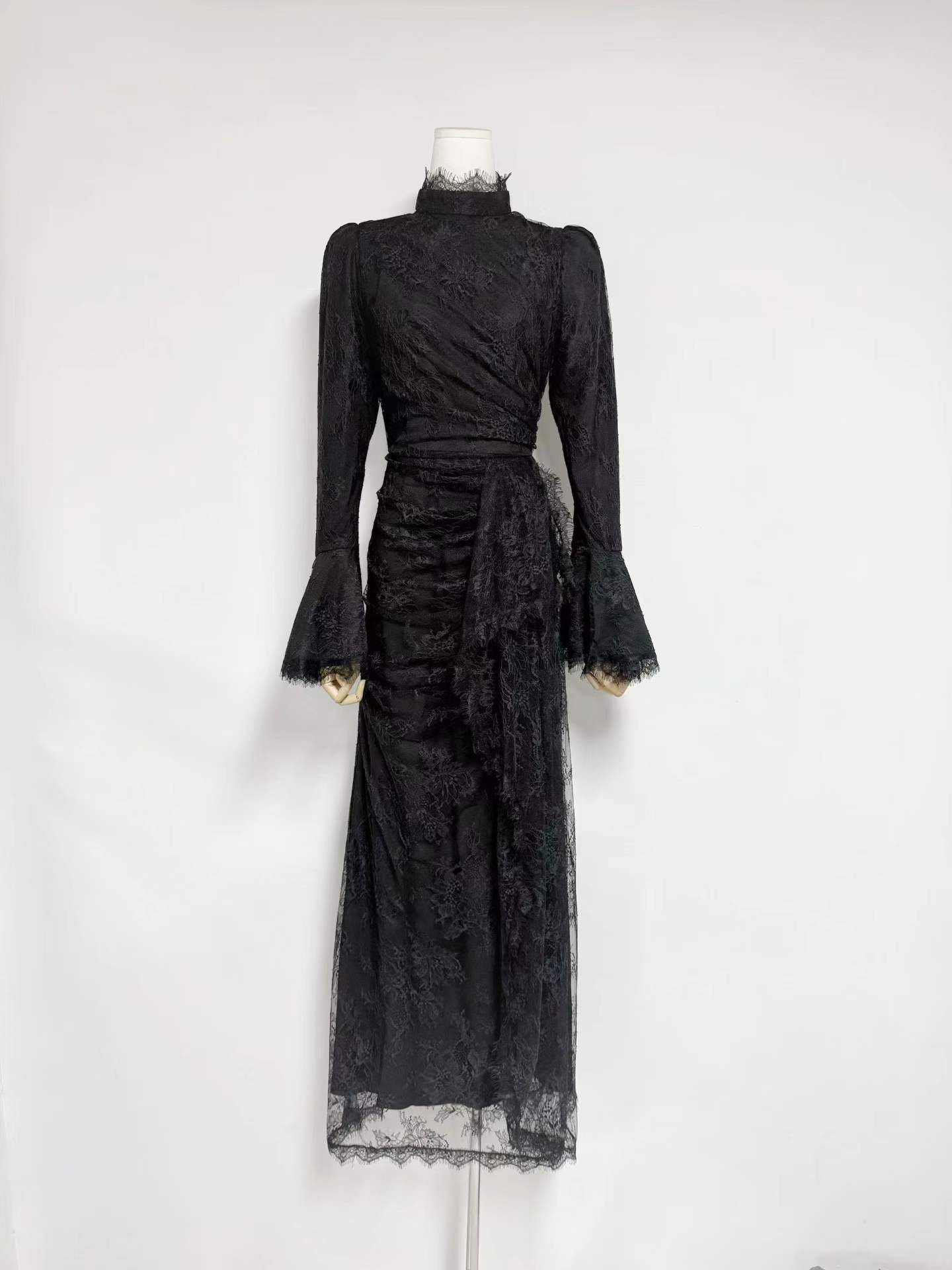 TWOTWINSTYLE Stand Collar Bell Sleeve Tunic Mesh Vintage Dress