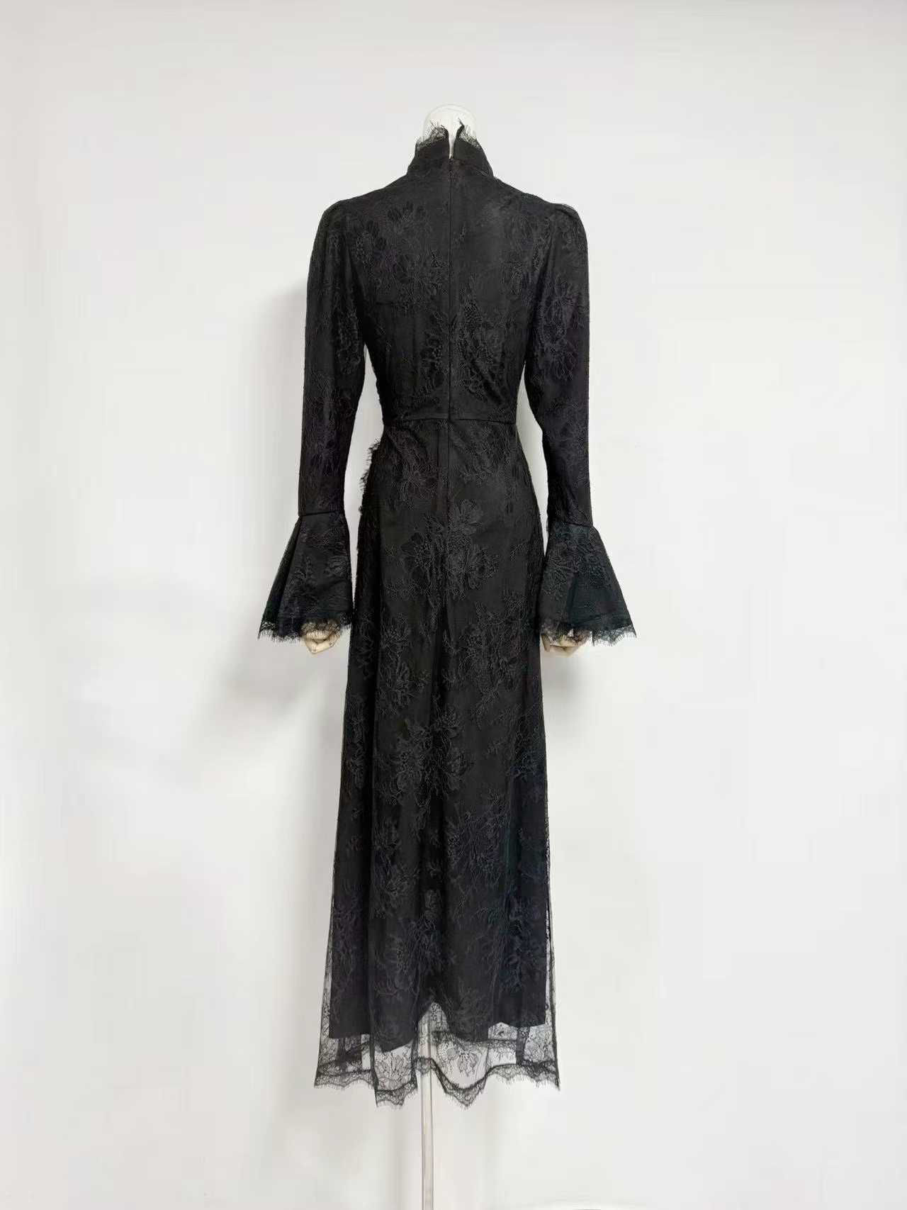 TWOTWINSTYLE Stand Collar Bell Sleeve Tunic Mesh Vintage Dress