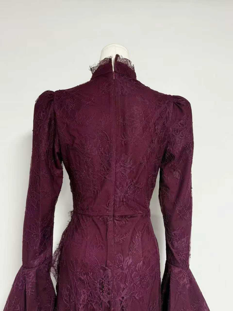 TWOTWINSTYLE Stand Collar Bell Sleeve Tunic Mesh Vintage Dress