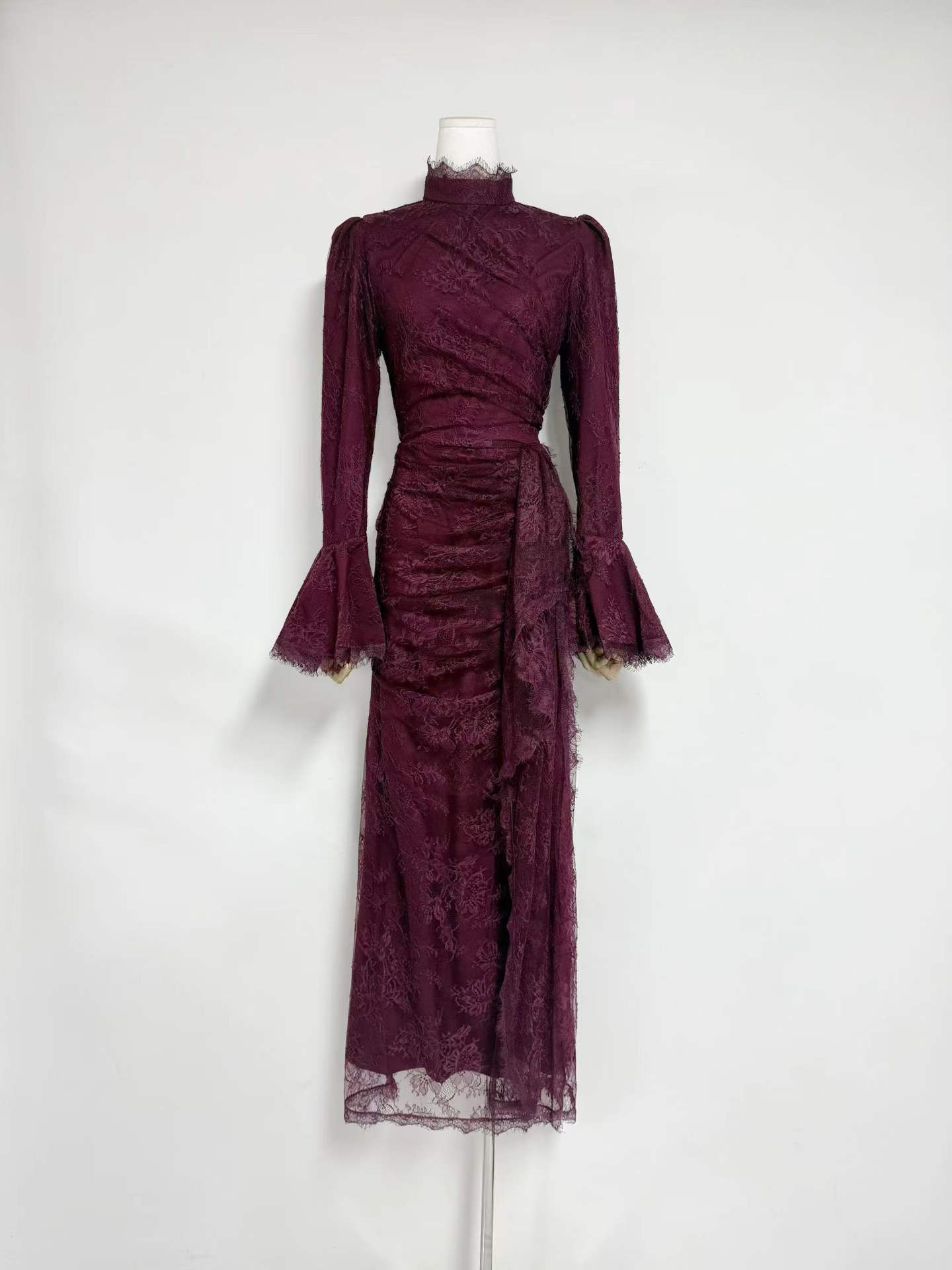 TWOTWINSTYLE Stand Collar Bell Sleeve Tunic Mesh Vintage Dress