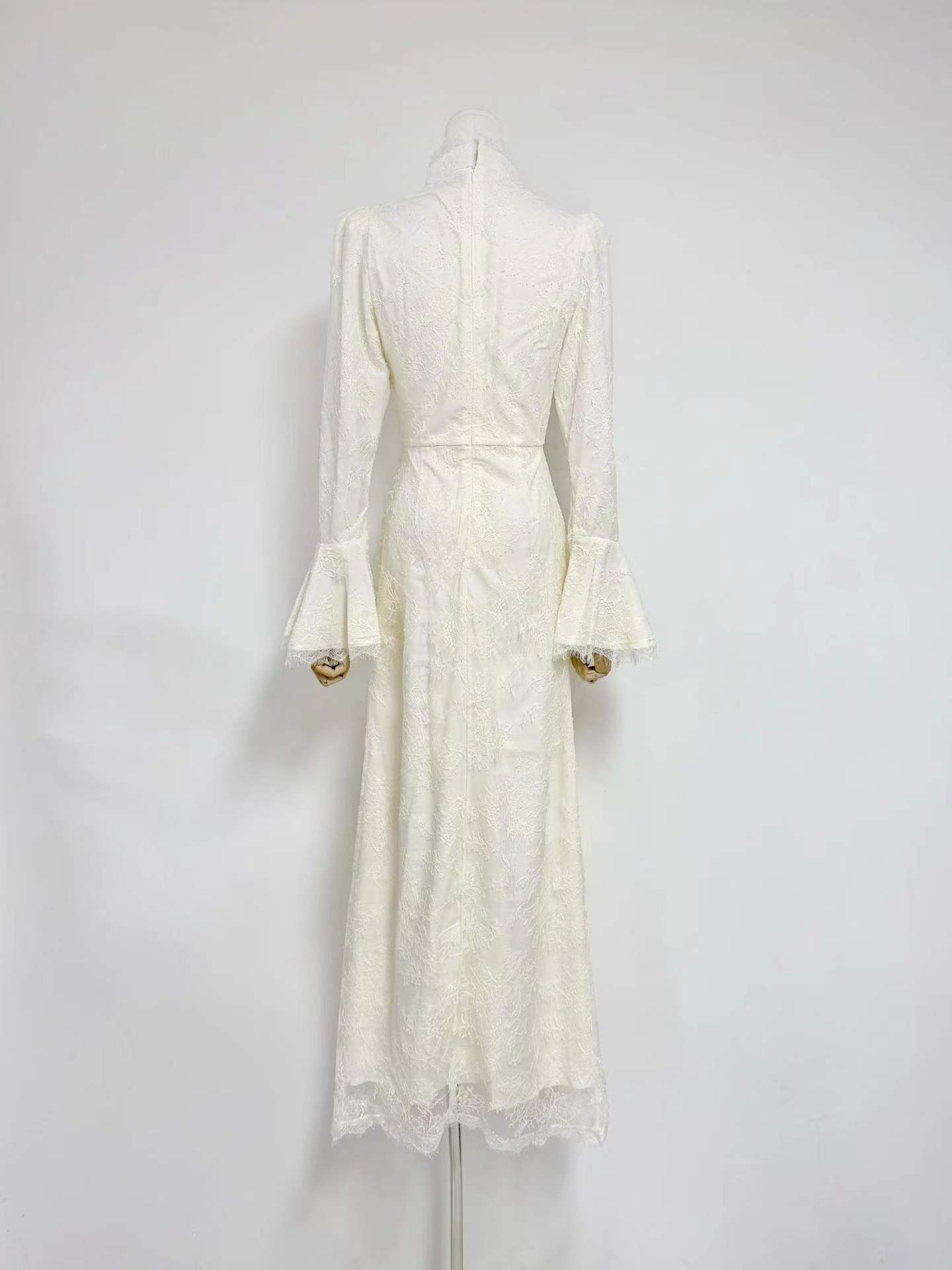 TWOTWINSTYLE Stand Collar Bell Sleeve Tunic Mesh Vintage Dress