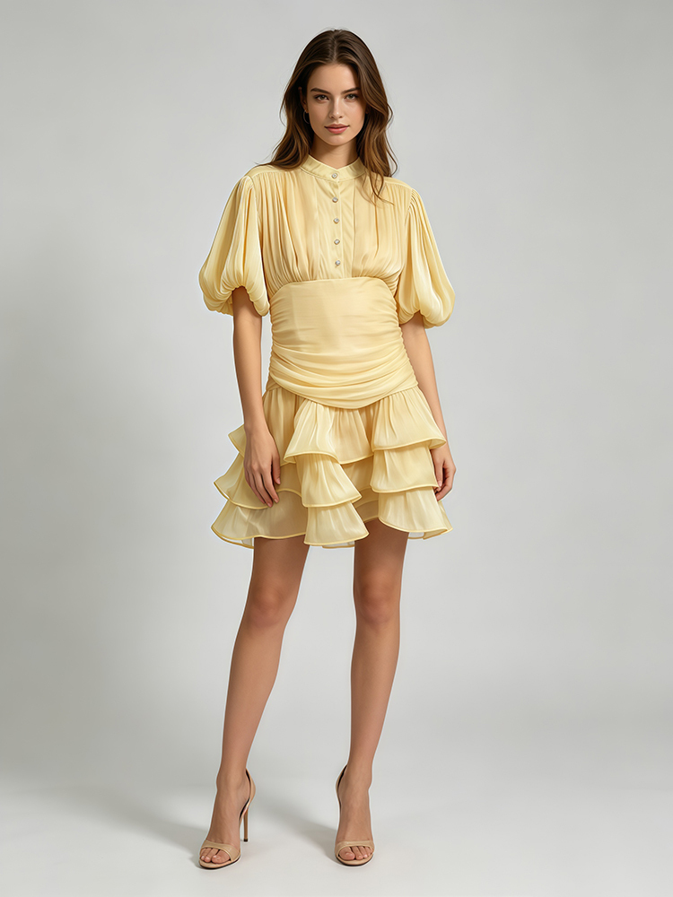 TWOTWINSTYLE Stand Collar Puff Sleeves Tunic Tiered Ruffle Mini Dress