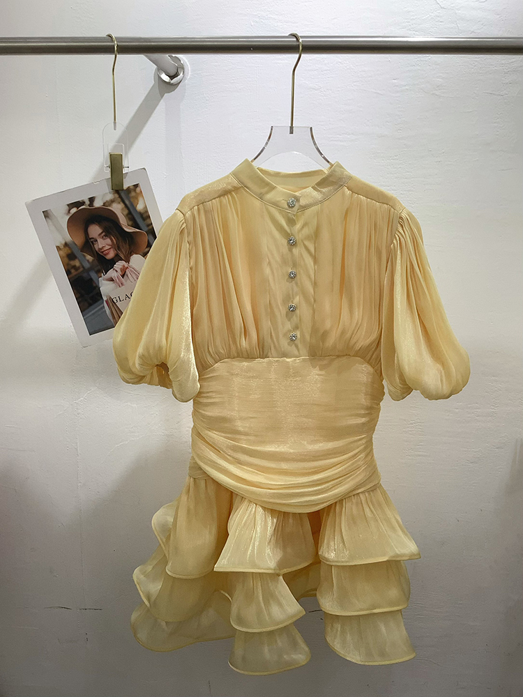 TWOTWINSTYLE Stand Collar Puff Sleeves Tunic Tiered Ruffle Mini Dress