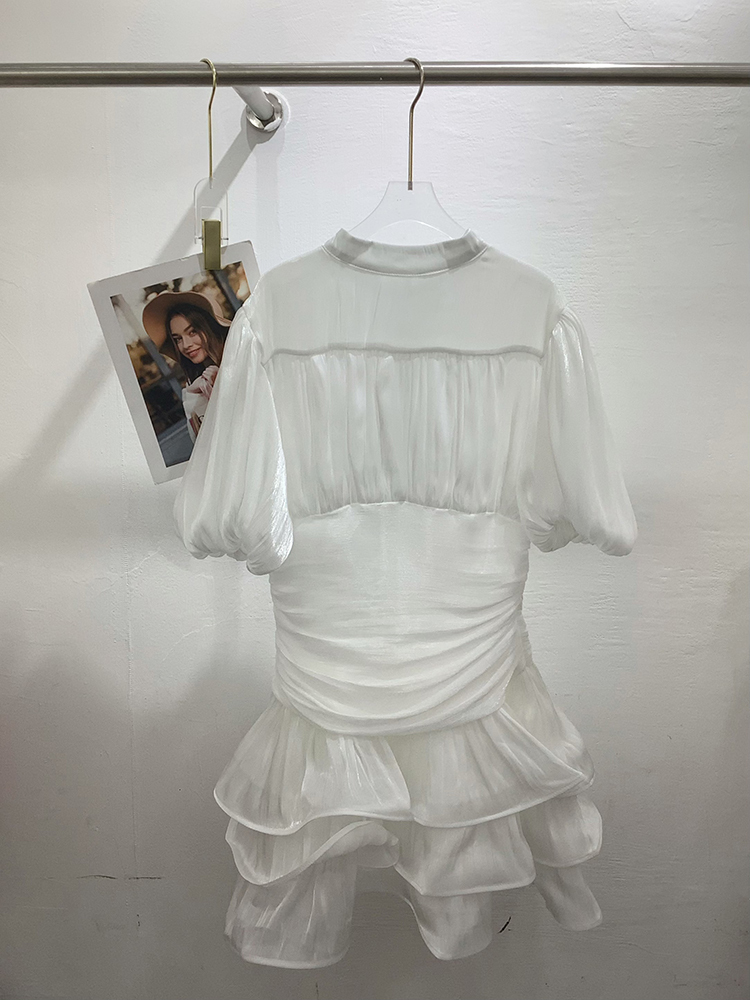 TWOTWINSTYLE Stand Collar Puff Sleeves Tunic Tiered Ruffle Mini Dress