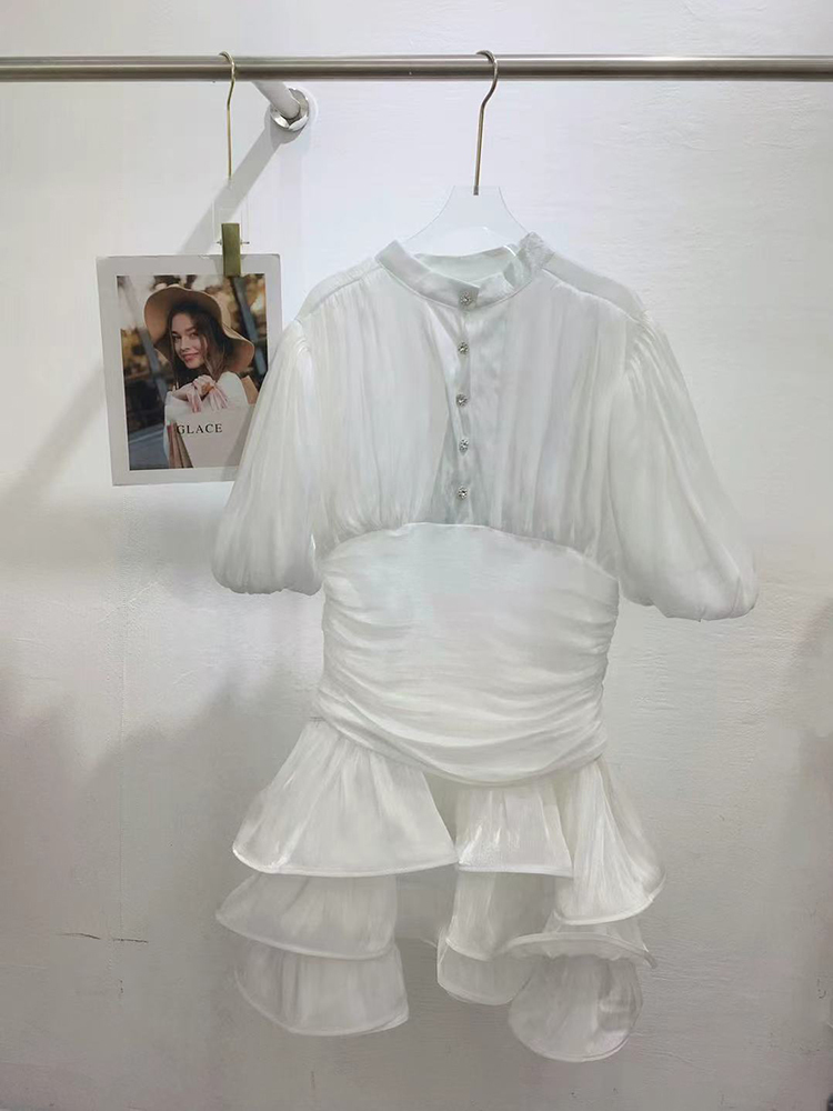 TWOTWINSTYLE Stand Collar Puff Sleeves Tunic Tiered Ruffle Mini Dress