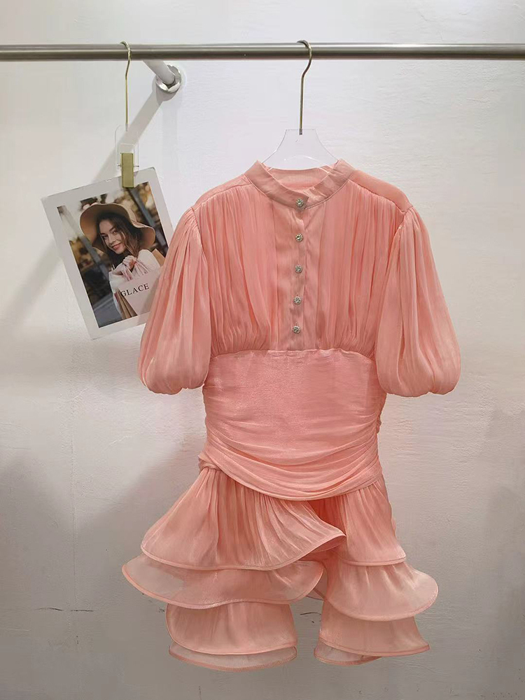 TWOTWINSTYLE Stand Collar Puff Sleeves Tunic Tiered Ruffle Mini Dress