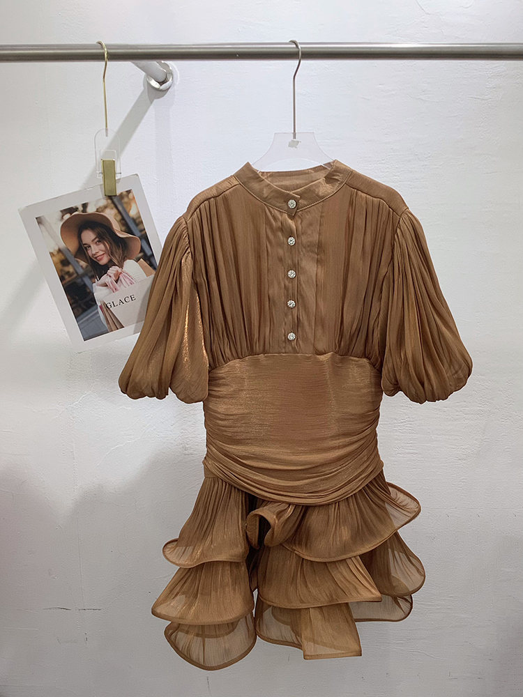 TWOTWINSTYLE Stand Collar Puff Sleeves Tunic Tiered Ruffle Mini Dress