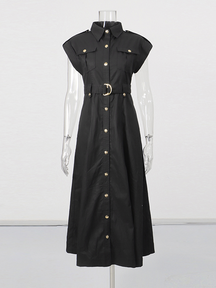 TWOTWINSTYLE Solid Sleeveless Lapel Patchwork Belt Temperament Dress