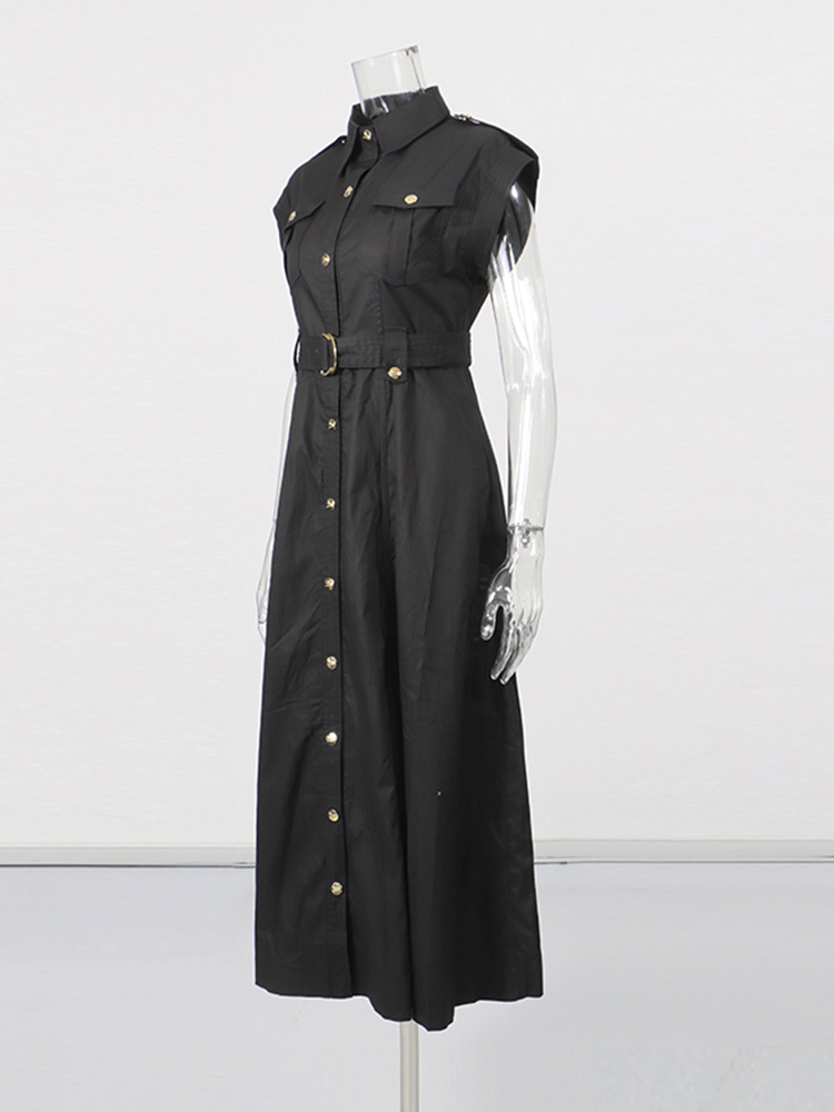 TWOTWINSTYLE Solid Sleeveless Lapel Patchwork Belt Temperament Dress