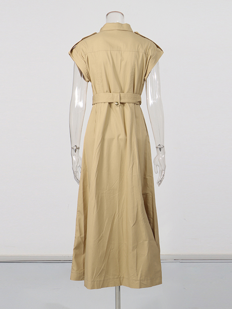 TWOTWINSTYLE Solid Sleeveless Lapel Patchwork Belt Temperament Dress