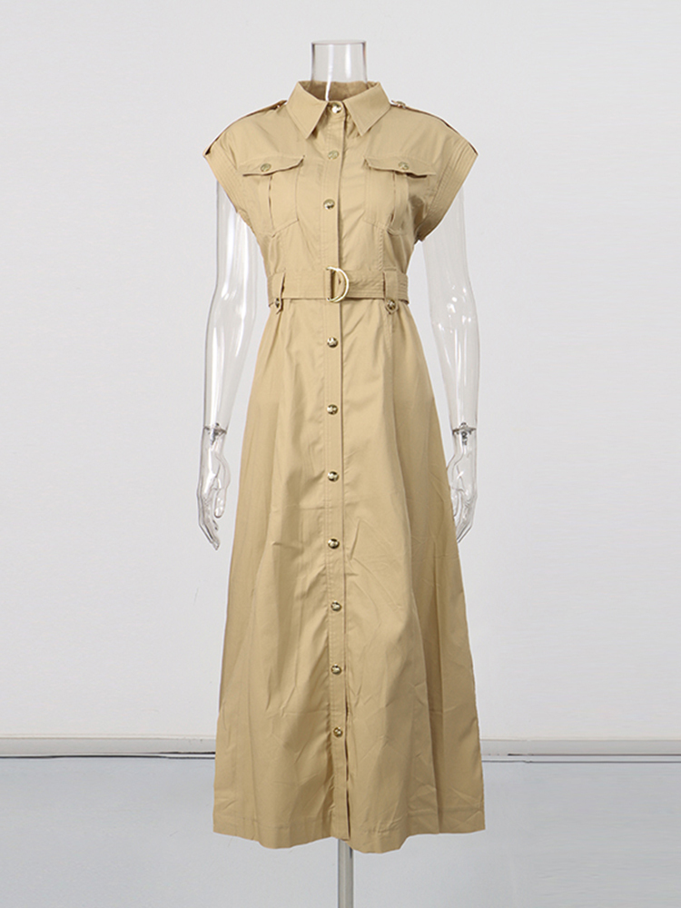TWOTWINSTYLE Solid Sleeveless Lapel Patchwork Belt Temperament Dress