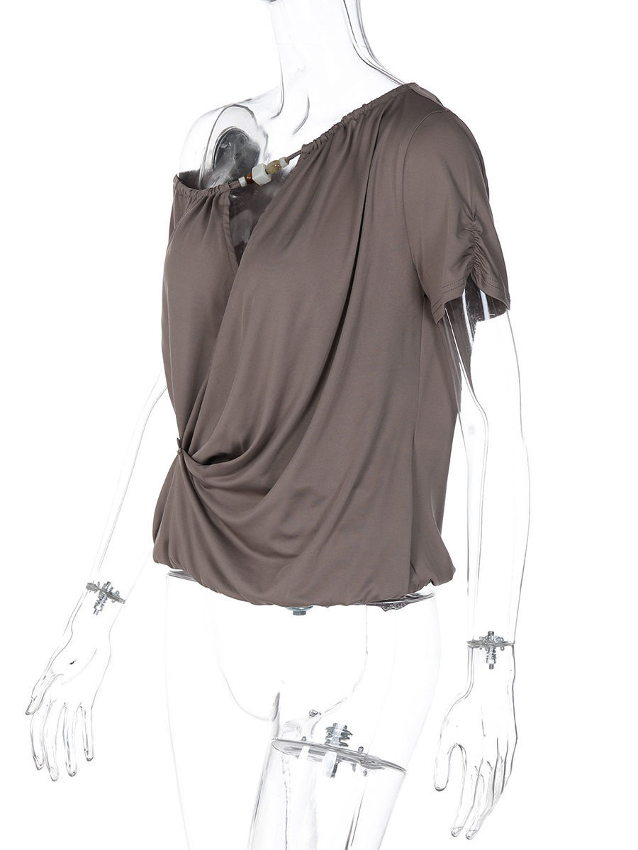 TWOTWINSTYLE Off One Shoulder Hollowed Out Ruched Casual Shirt