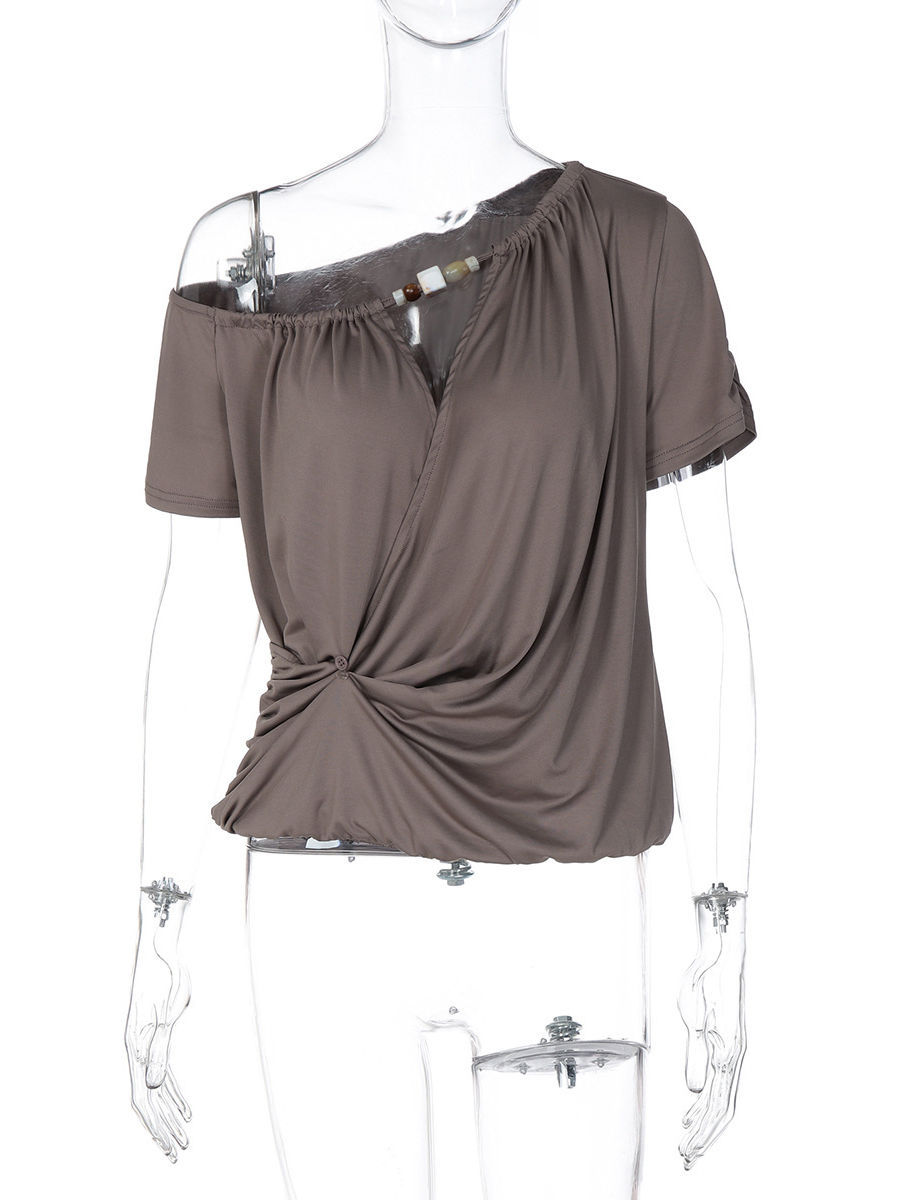 TWOTWINSTYLE Off One Shoulder Hollowed Out Ruched Casual Shirt