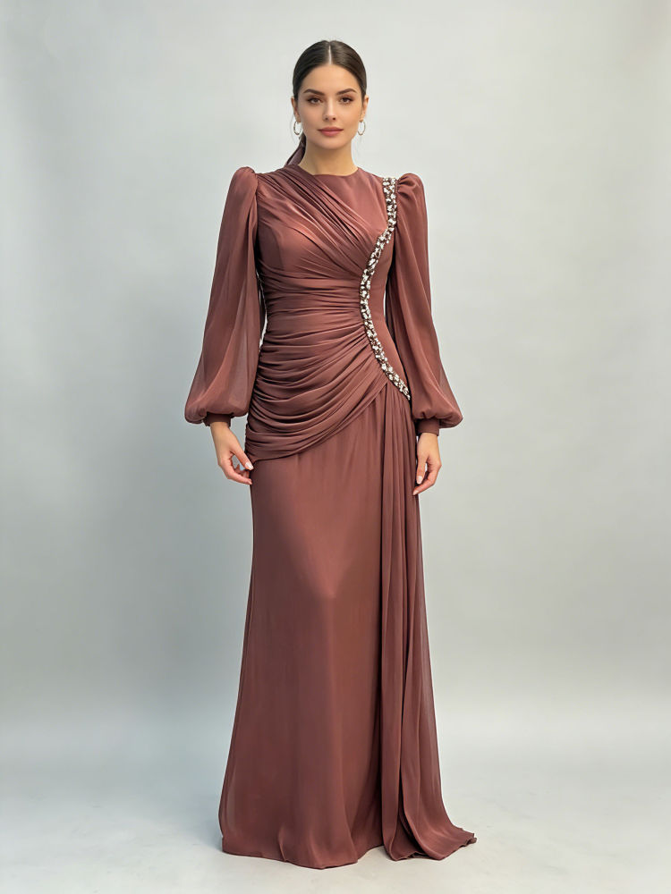 TWOTWINSTYLE Round Neck Patchwork Diamond Pleated Elegant Dress