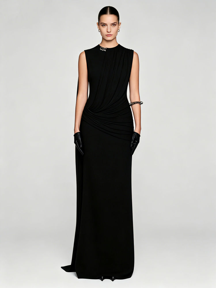TWOTWINSTYLE Sleeveles Spliced Shawl Ruched Vintage Dress
