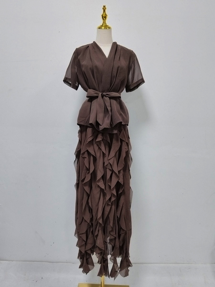 TWOTWINSTYLE V Neck Short Sleeve Top Patchwork Ruffles Skirt Vintage Set