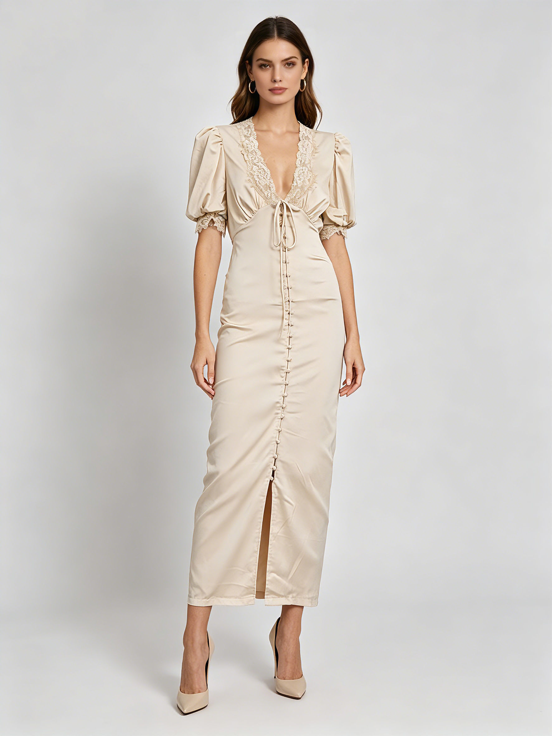 TWOTWINSTYLE Deep V Neck Short Sleeve Spliced Lace Slit Sexy Dress