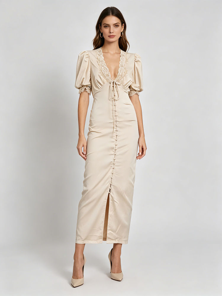 TWOTWINSTYLE Deep V Neck Short Sleeve Spliced Lace Slit Sexy Dress