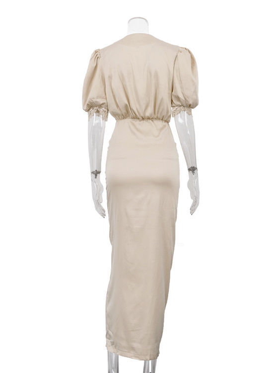 TWOTWINSTYLE Deep V Neck Short Sleeve Spliced Lace Slit Sexy Dress