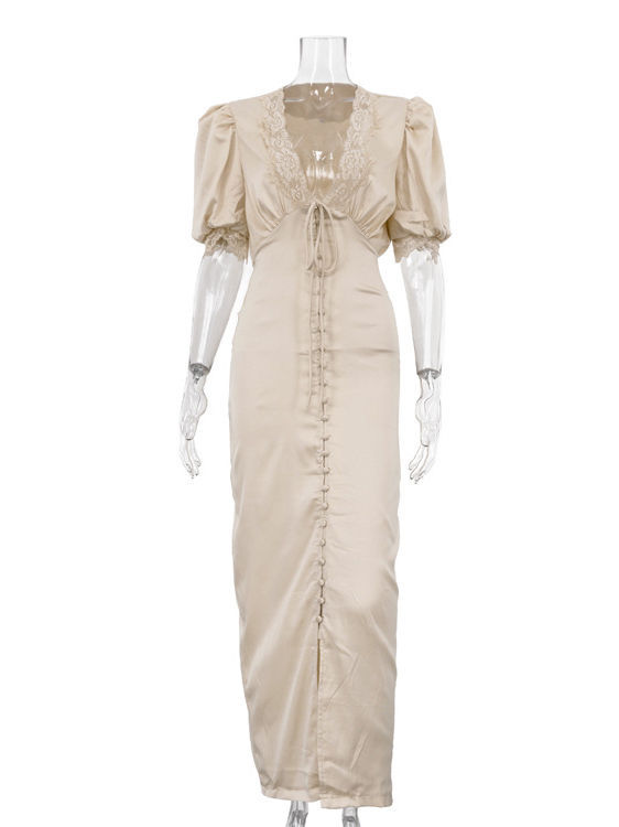 TWOTWINSTYLE Deep V Neck Short Sleeve Spliced Lace Slit Sexy Dress
