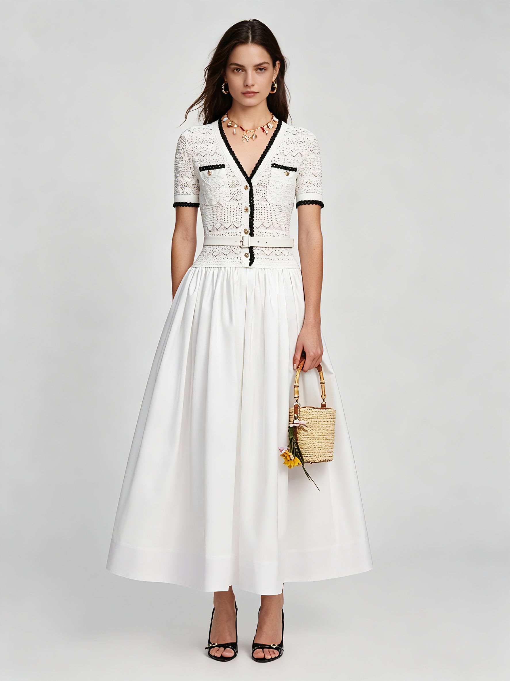 TWOTWINSTYLE Hit Color V Spliced Mesh Elegant Dress