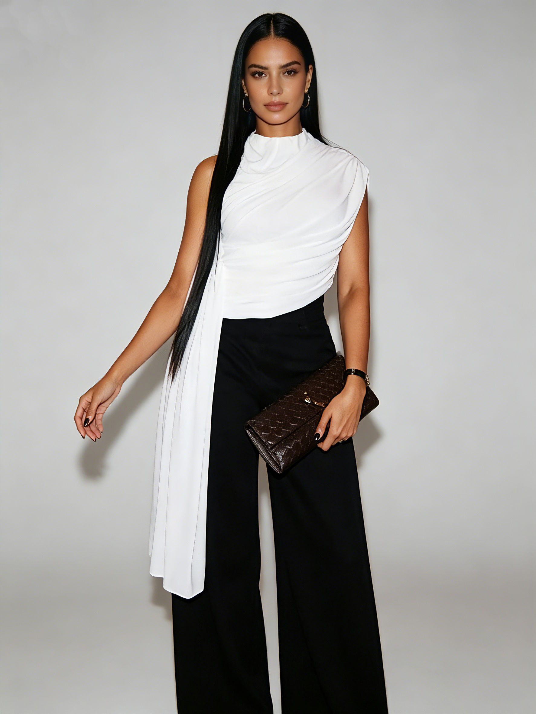 TWOTWINSTYLE Stand Collar Off One Shoulder Irregular Hem Fashion T Shirt