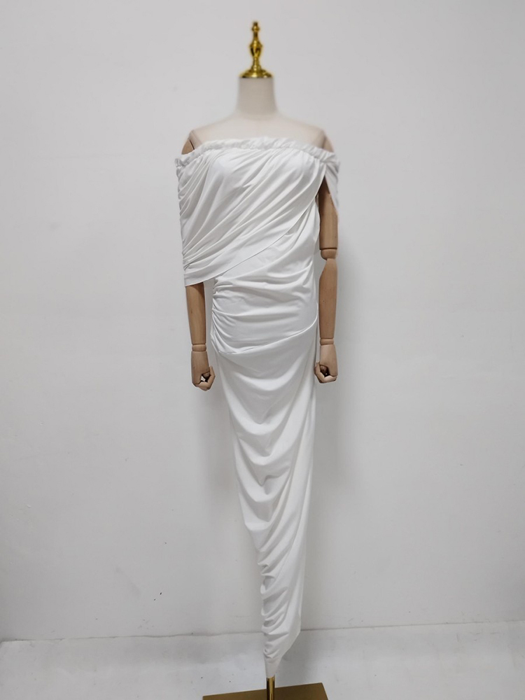 TWOTWINSTYLE Off Shoulder Spliced Ruched Side Split Elegant Dress