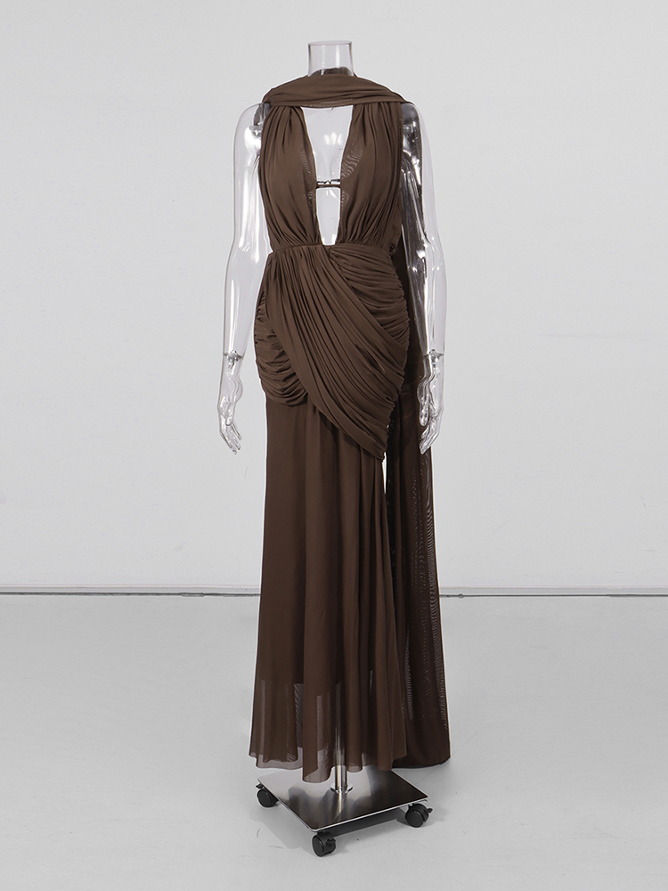 TWOTWINSTYLE Solid V Neck Sleeveles Spliced Mesh Sexy Dress