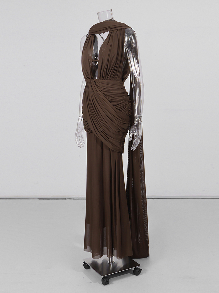 TWOTWINSTYLE Solid V Neck Sleeveles Spliced Mesh Sexy Dress