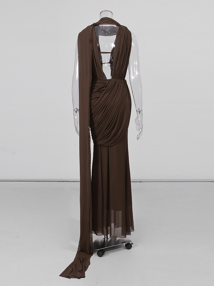 TWOTWINSTYLE Solid V Neck Sleeveles Spliced Mesh Sexy Dress