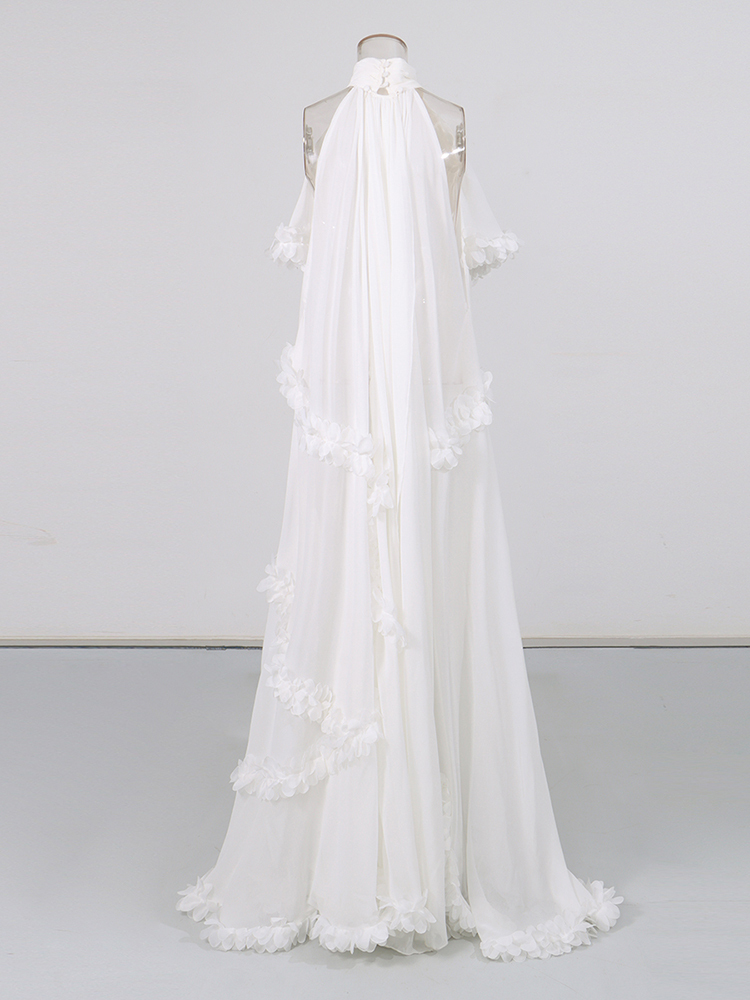 TWOTWINSTYLE Turtleneck Off Shoulder Spliced Flower Chiffon Maxi Dress