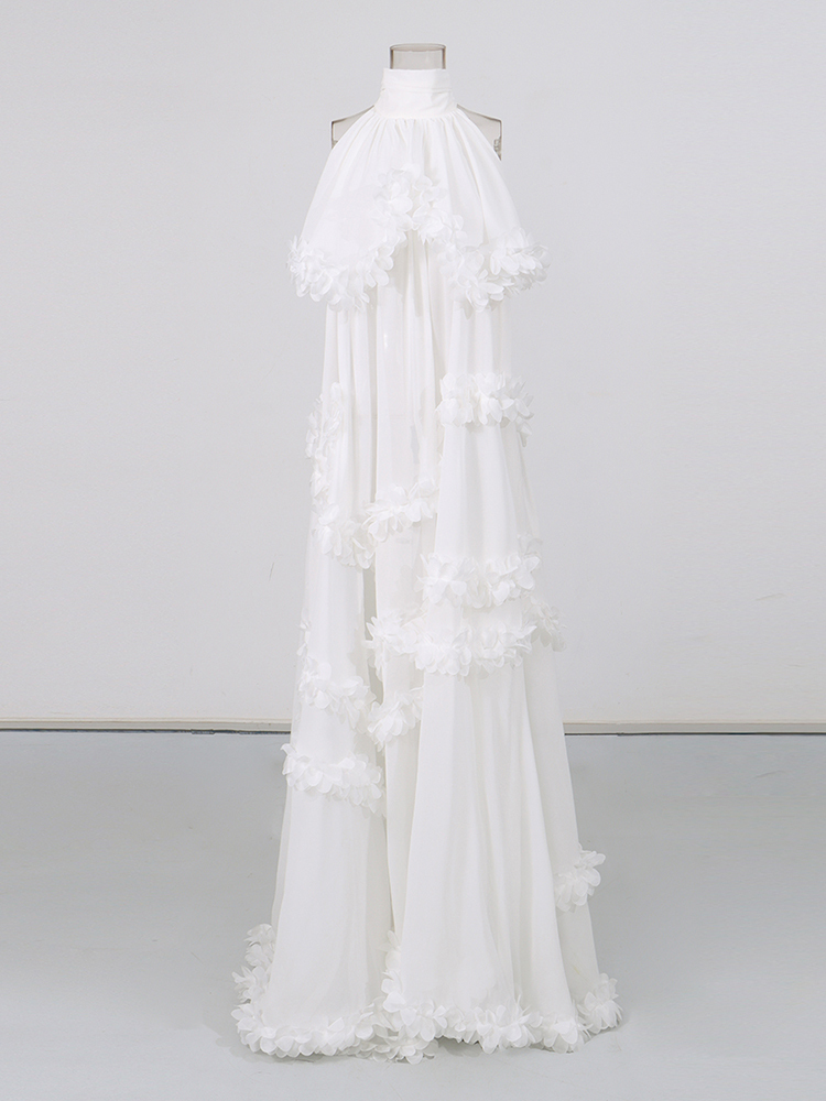 TWOTWINSTYLE Turtleneck Off Shoulder Spliced Flower Chiffon Maxi Dress