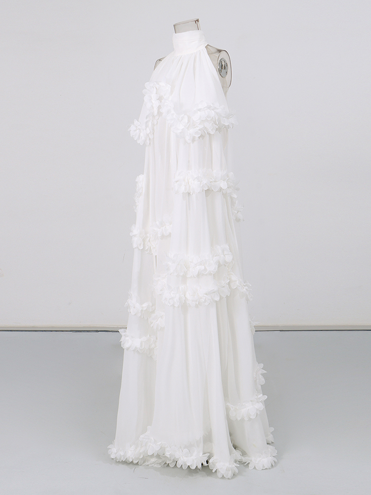 TWOTWINSTYLE Turtleneck Off Shoulder Spliced Flower Chiffon Maxi Dress