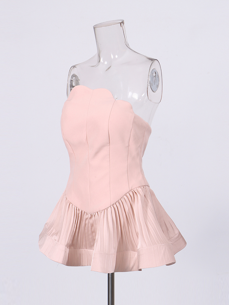 TWOTWINSTYLE Strapless Solid Tunic Ruffled Hem Vest