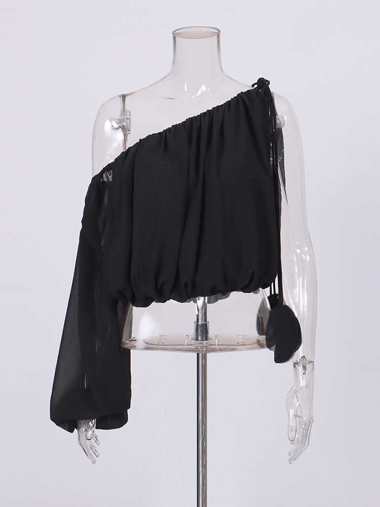 TWOTWINSTYLE Off Shoulder One Sleeve Pleated Chic Crop Shirt